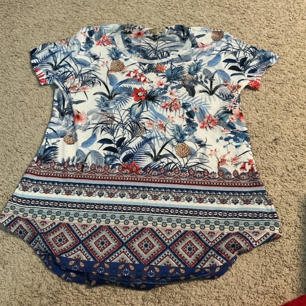 Energy M Coastal Tropical Floral Pineapple Border Print Tunic Top M Boho Beachy